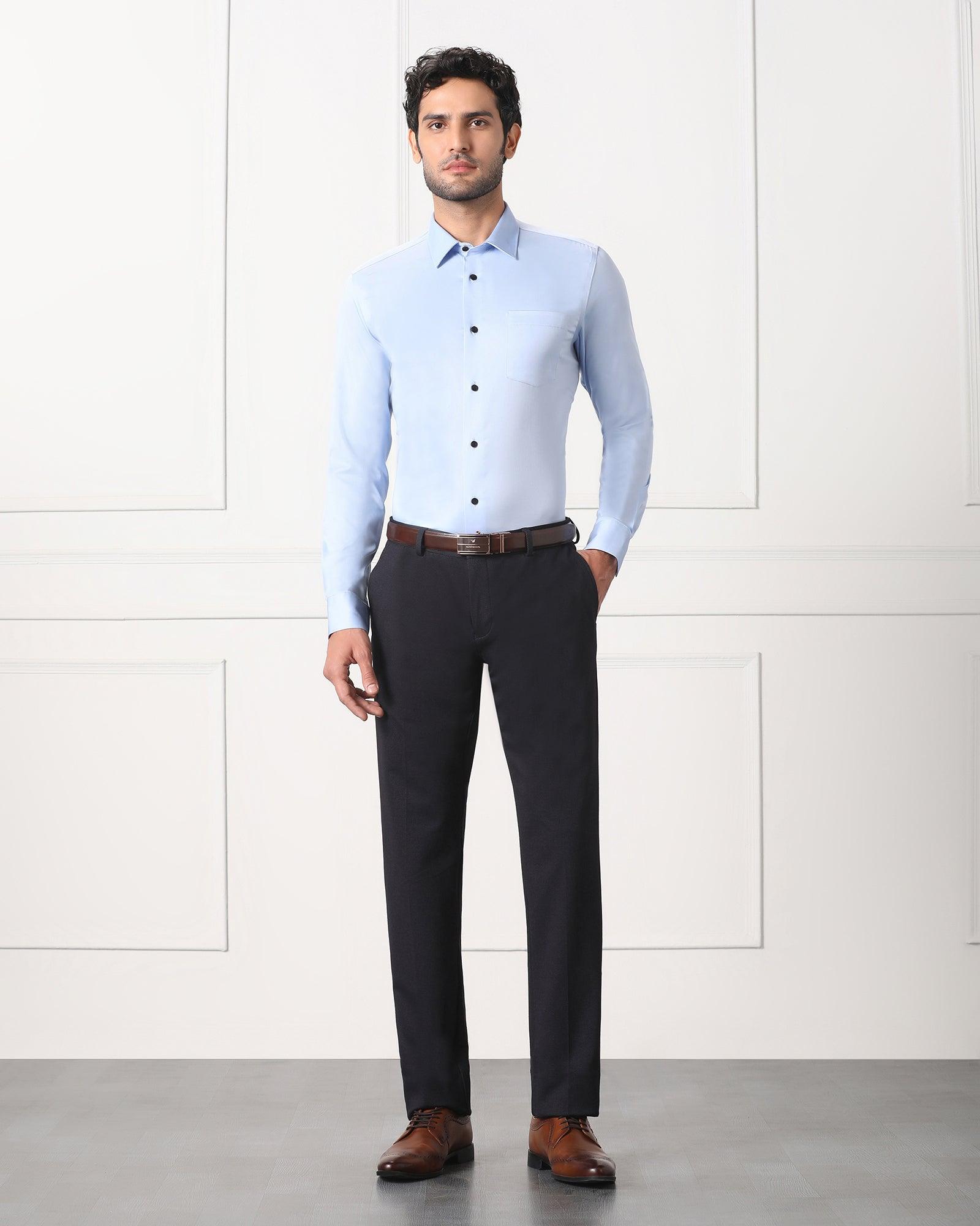 Dark blue formal shirt with cream color trouser is a perfect outfit for men  | Blue shirt men, Blue shirt outfit men, Blue shirt outfits